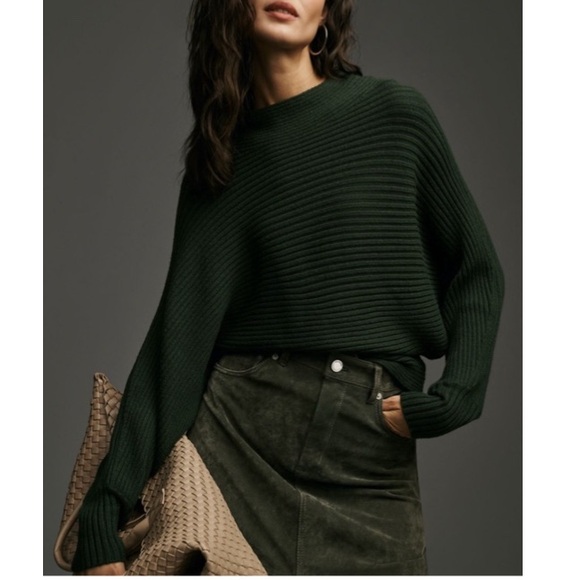 by ANTHROPOLOGIE The Kendall Mock Neck / High Neck Green Ribbed Knit Sweater XL - Picture 1 of 16